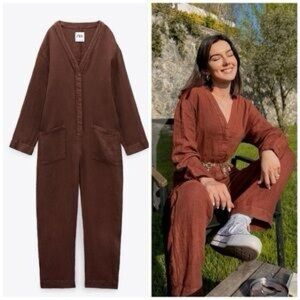 Zara Chocolate Brown Long Sleeve Jumpsuit